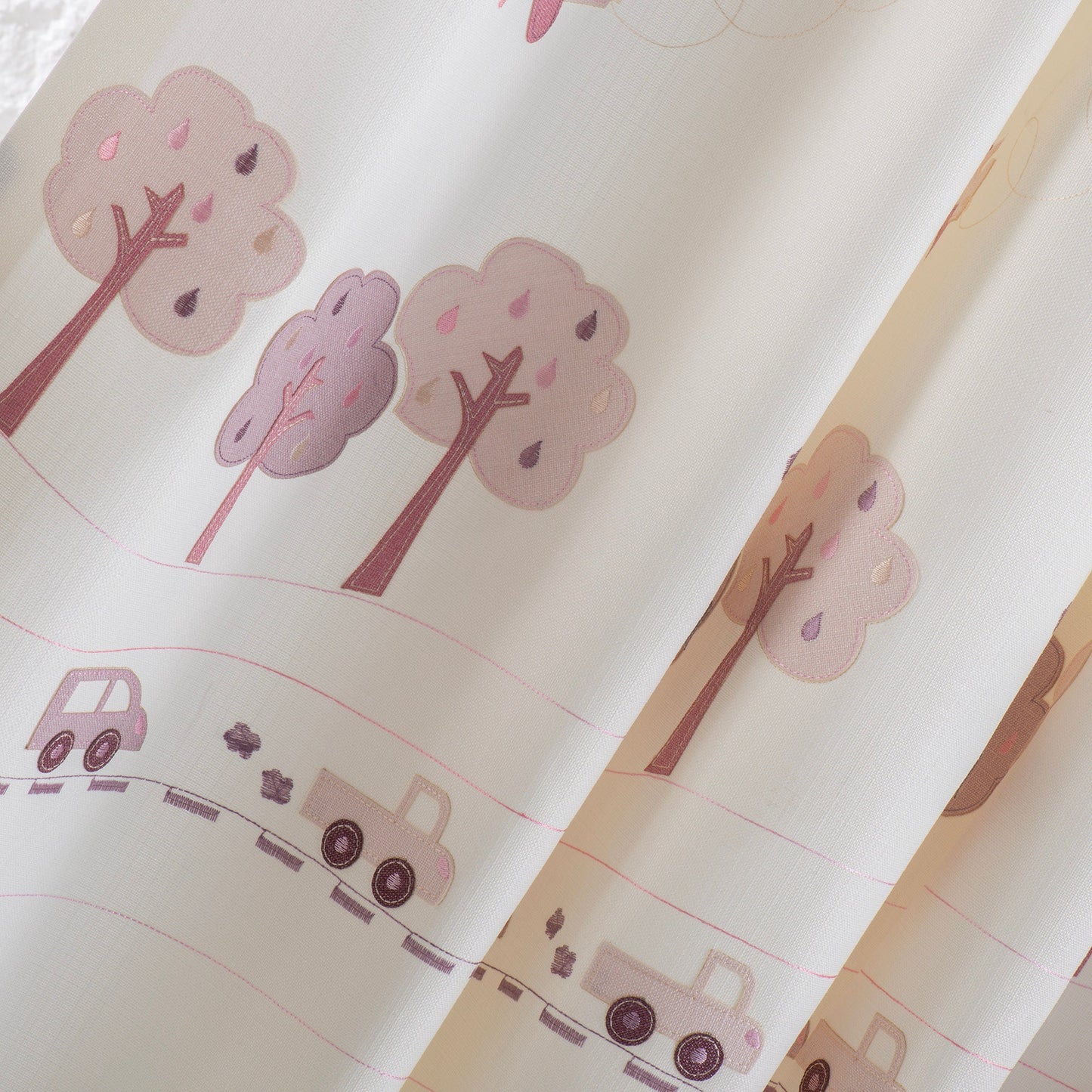 Pink Kids Room Linen Curtain, Woodland Embroidered Certified Curtain, Anti Allergenic Nursery Curtains, Blue and Pink Curtains For Kids