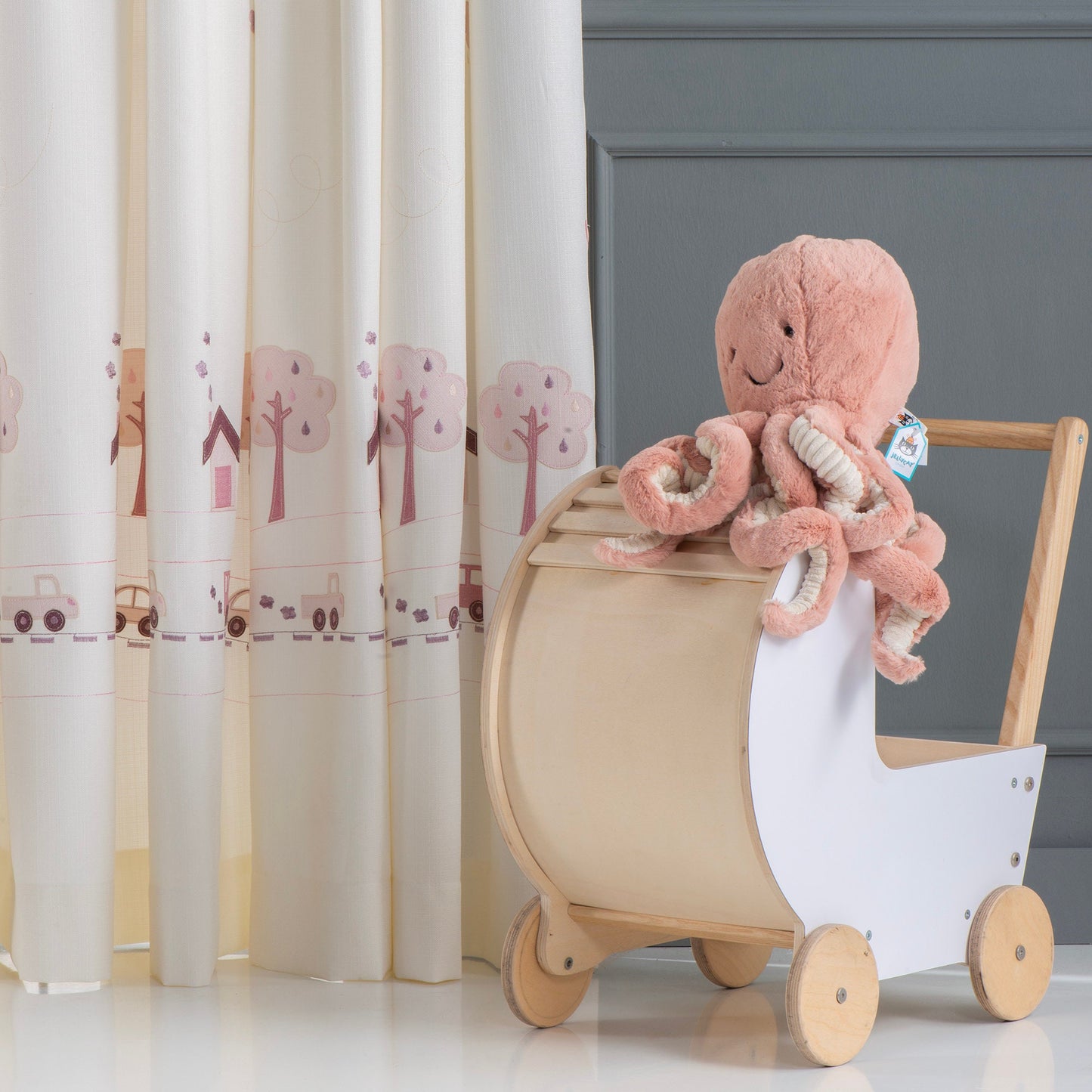 Pink Kids Room Linen Curtain, Woodland Embroidered Certified Curtain, Anti Allergenic Nursery Curtains, Blue and Pink Curtains For Kids