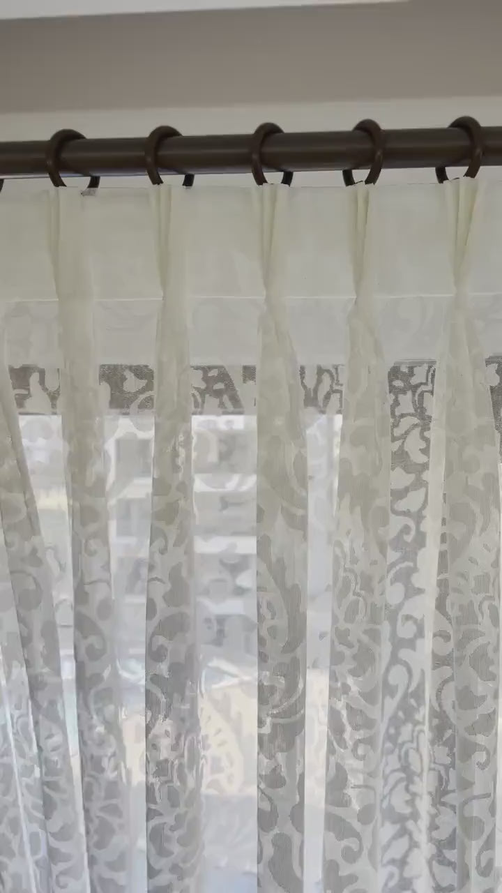 Triple French Pleated  Off-White Custom Paisley Floral Sheer Curtain.