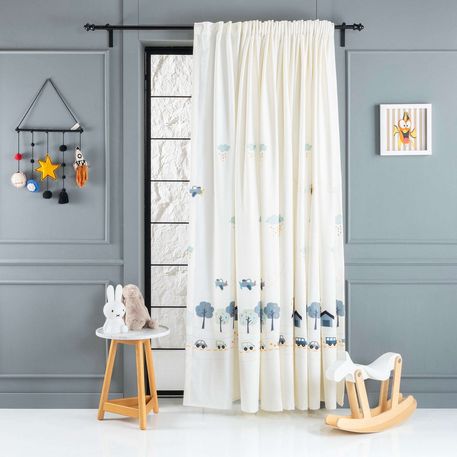 Blue Woodland Kids Room Linen Sheer Curtain, Embroidered Certified Baby Room Curtain, Woodland Nursery Curtain, Anti Allergic Curtains Panel