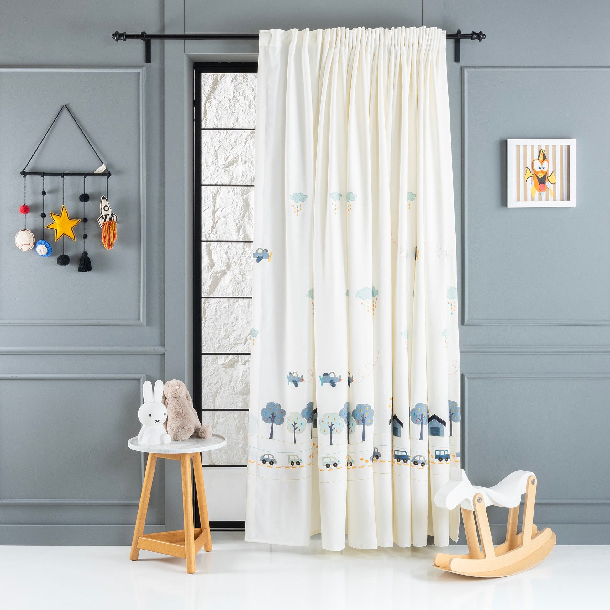 Kids Room Linen Sheer Curtain, Embroidered Certified Curtain, Anti Allergenic Nursery Room Curtains, Blue and Pink Curtains For Kids.