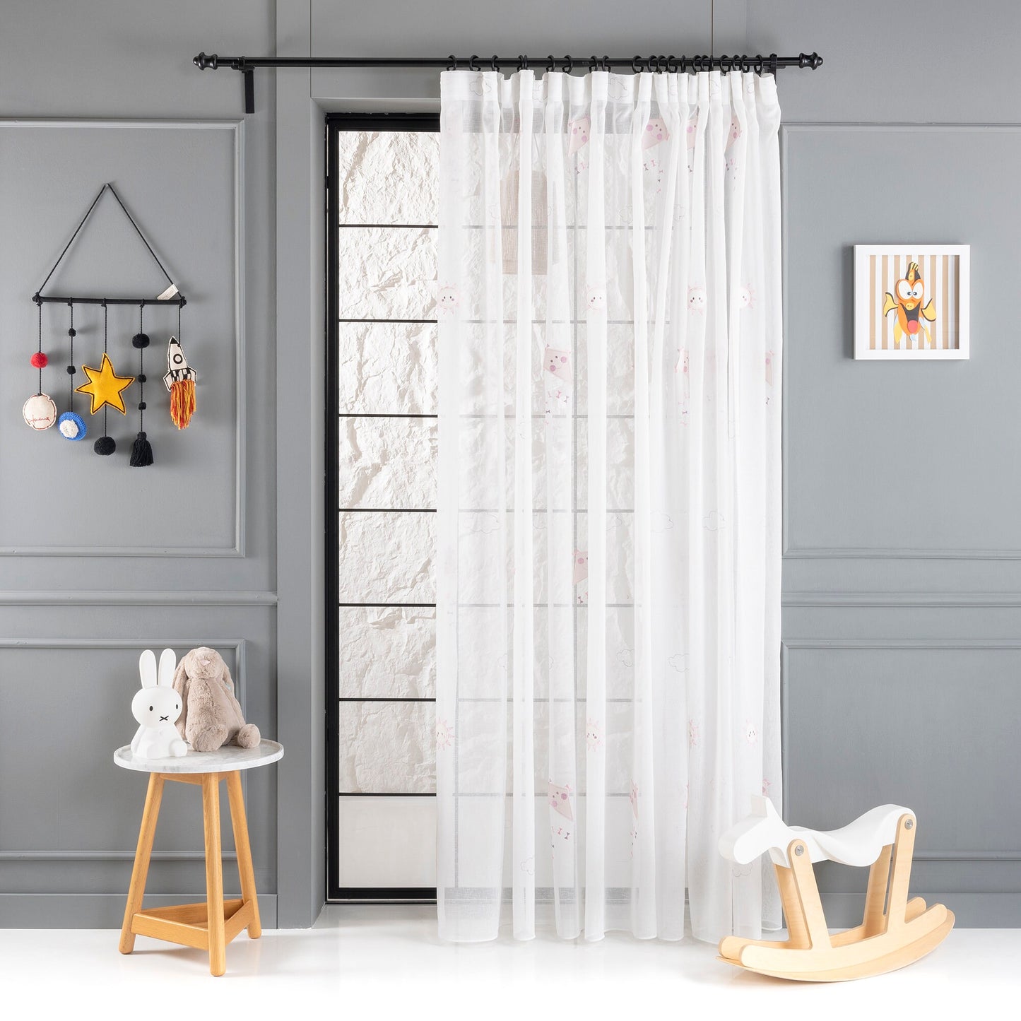 Pink Kids Room Linen Sheer Curtain, Kite Embroidered Certified Curtain, Anti Allergenic Nursery Curtains, Blue and Pink Curtains For Kids