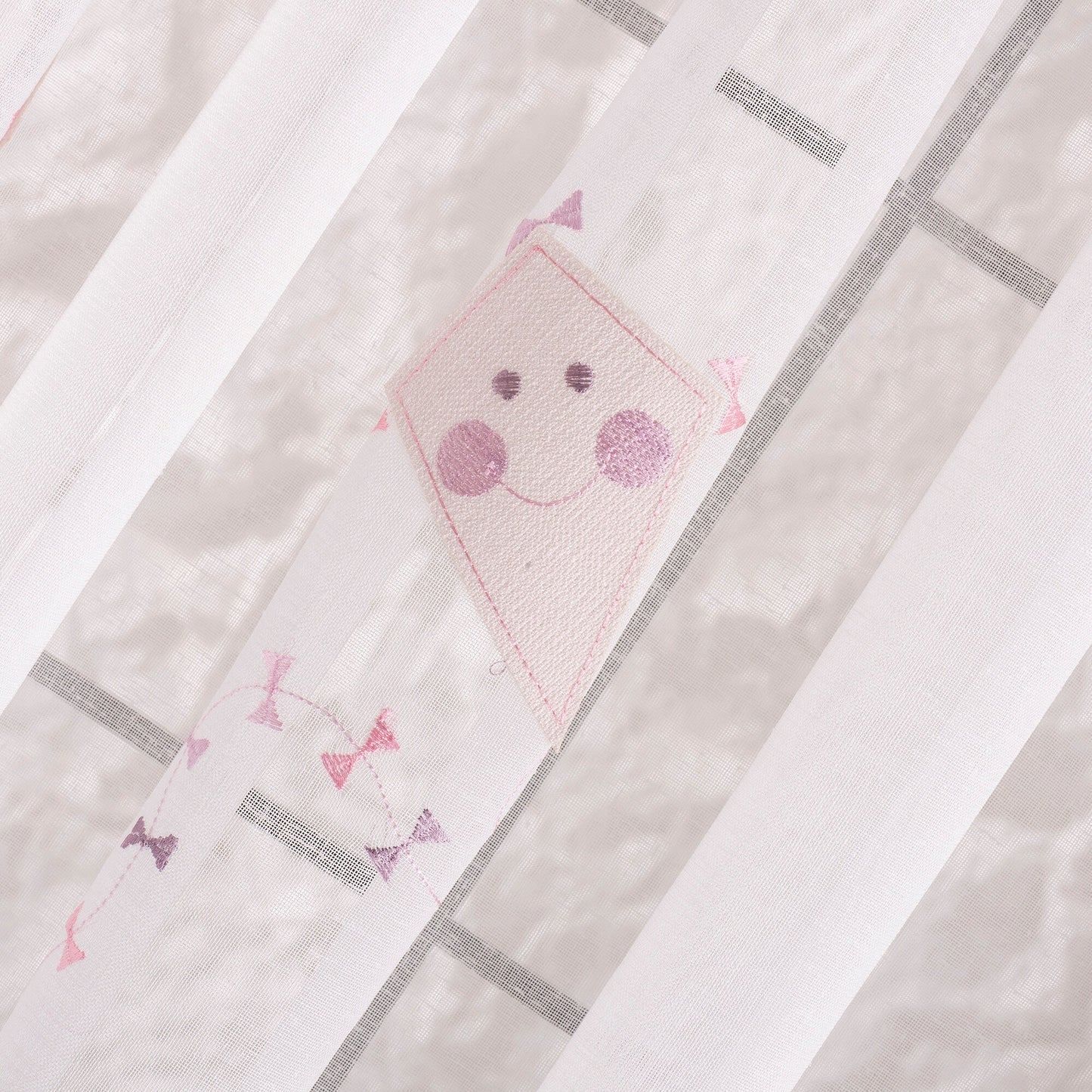 Pink Kids Room Linen Sheer Curtain, Kite Embroidered Certified Curtain, Anti Allergenic Nursery Curtains, Blue and Pink Curtains For Kids