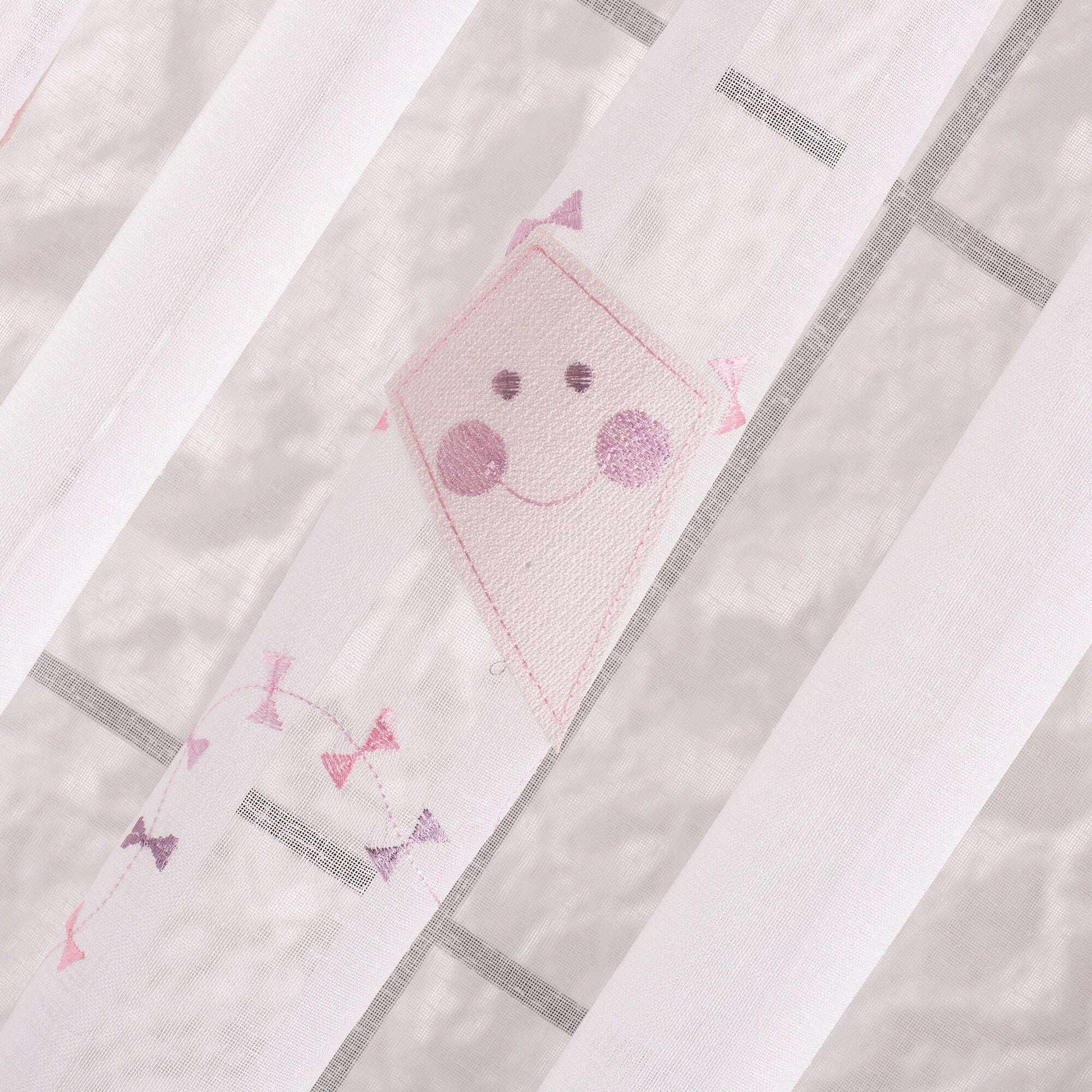 Pink Kids Room Linen Sheer Curtain, Kite Embroidered Certified Curtain, Anti Allergenic Nursery Curtains, Blue and Pink Curtains For Kids