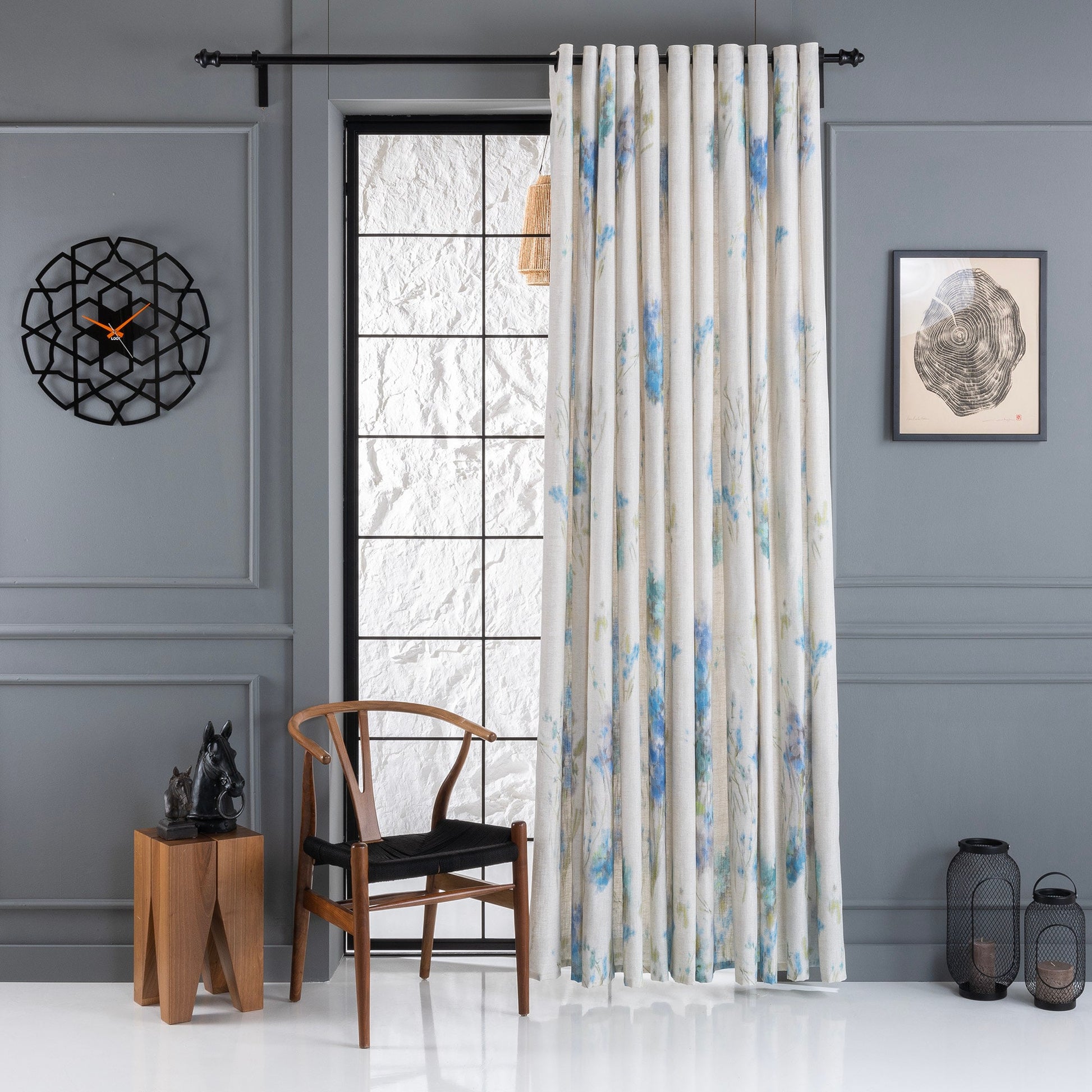 Linen Curtain Panel With Floral Printed, Decorative Printed Curtains, 3 Color Options, Printed Floral Linen