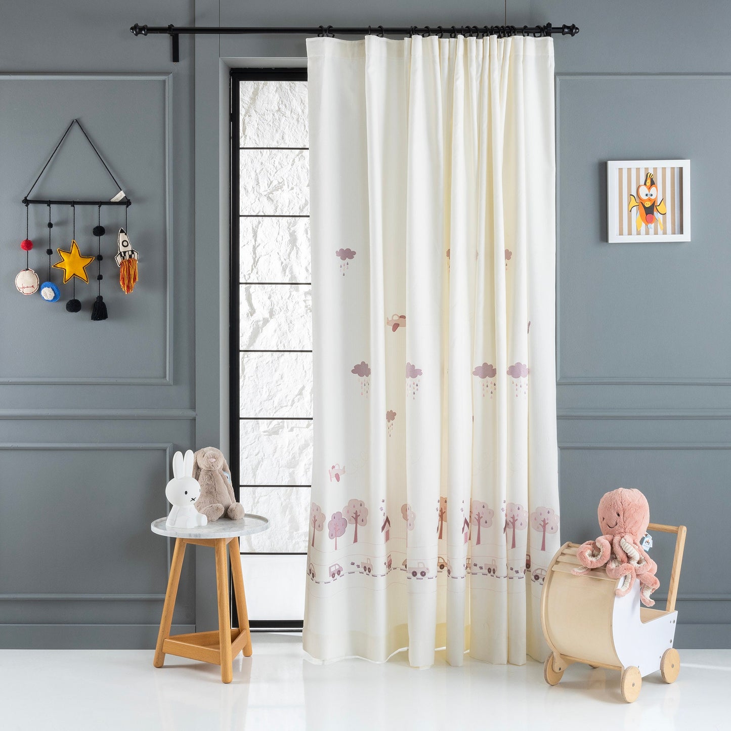 Woodland Nursery Room Pink Anti-Bacterial Linen Curtain, Woodland Trees Embroidered Certified Curtain, Anti Allergenic Nursery Room Curtains