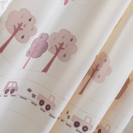 Woodland Nursery Room Pink Anti-Bacterial Linen Curtain, Woodland Trees Embroidered Certified Curtain, Anti Allergenic Nursery Room Curtains