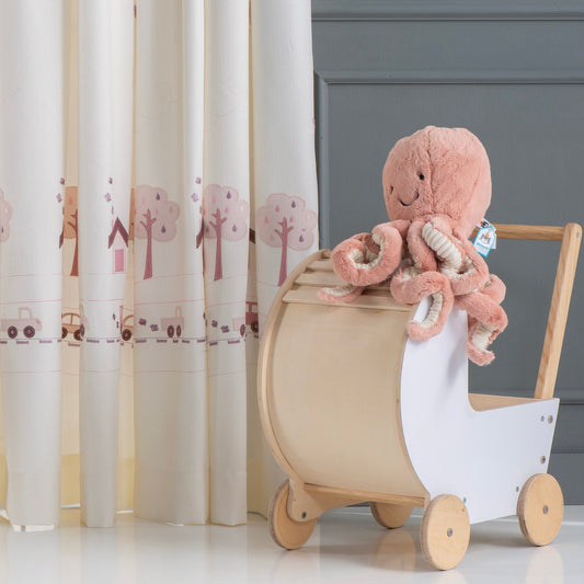 Pink Kids Room Linen Curtain, Woodland Embroidered Certified Curtain, Anti Allergenic Nursery Curtains, Blue and Pink Curtains For Kids