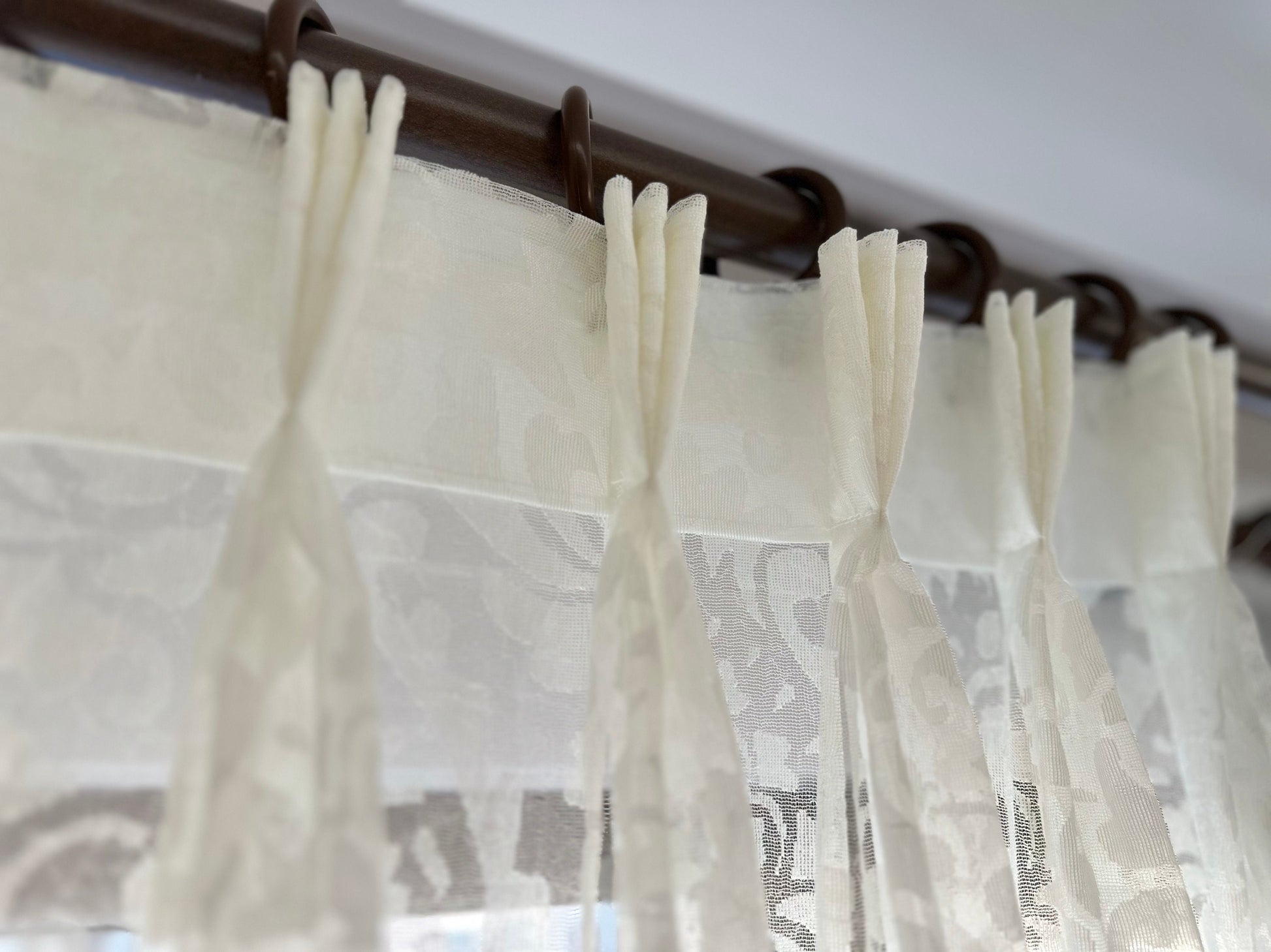 Triple French Pleated Off-White Custom Paisley Floral Sheer Curtain.