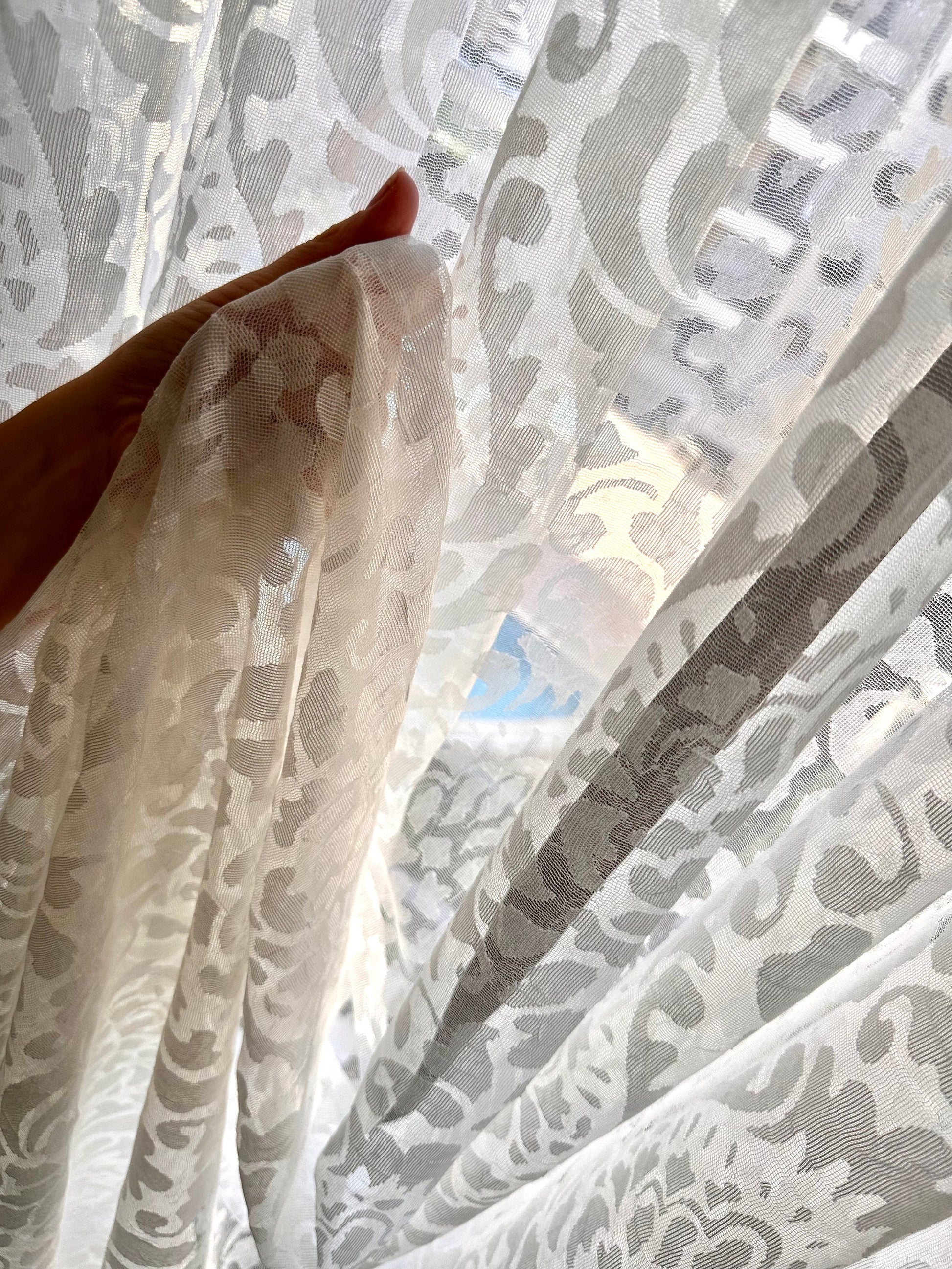 Triple French Pleated Off-White Custom Paisley Floral Sheer Curtain.