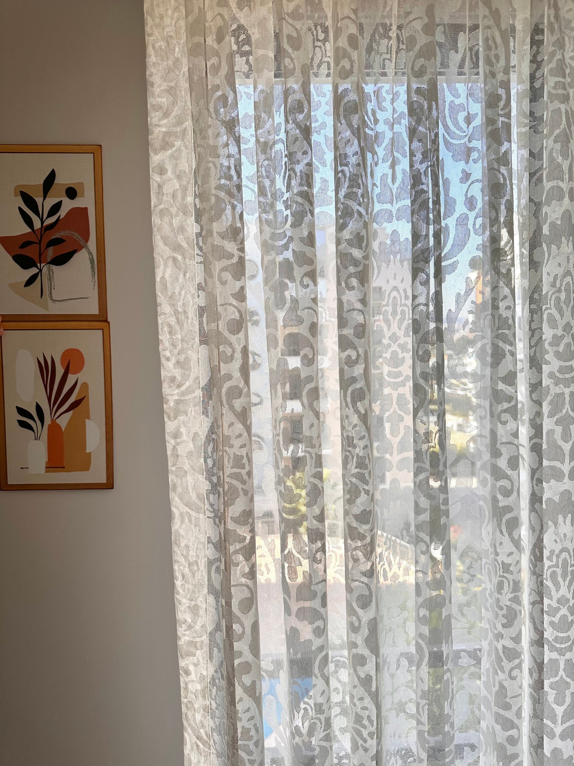 Triple French Pleated Off-White Custom Paisley Floral Sheer Curtain.