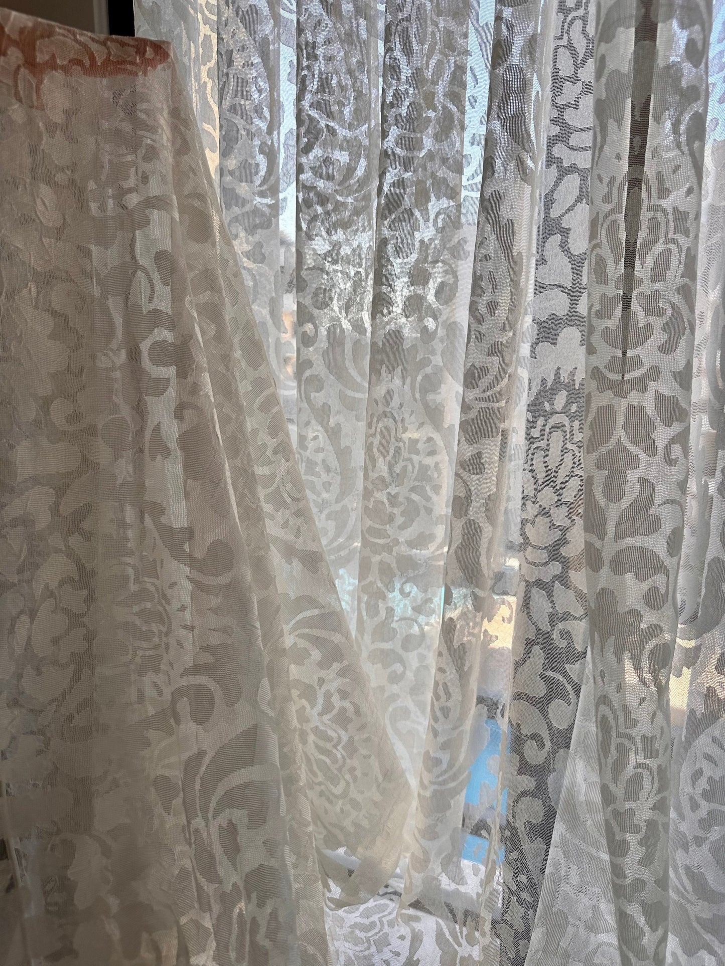 Triple French Pleated Off-White Custom Paisley Floral Sheer Curtain.