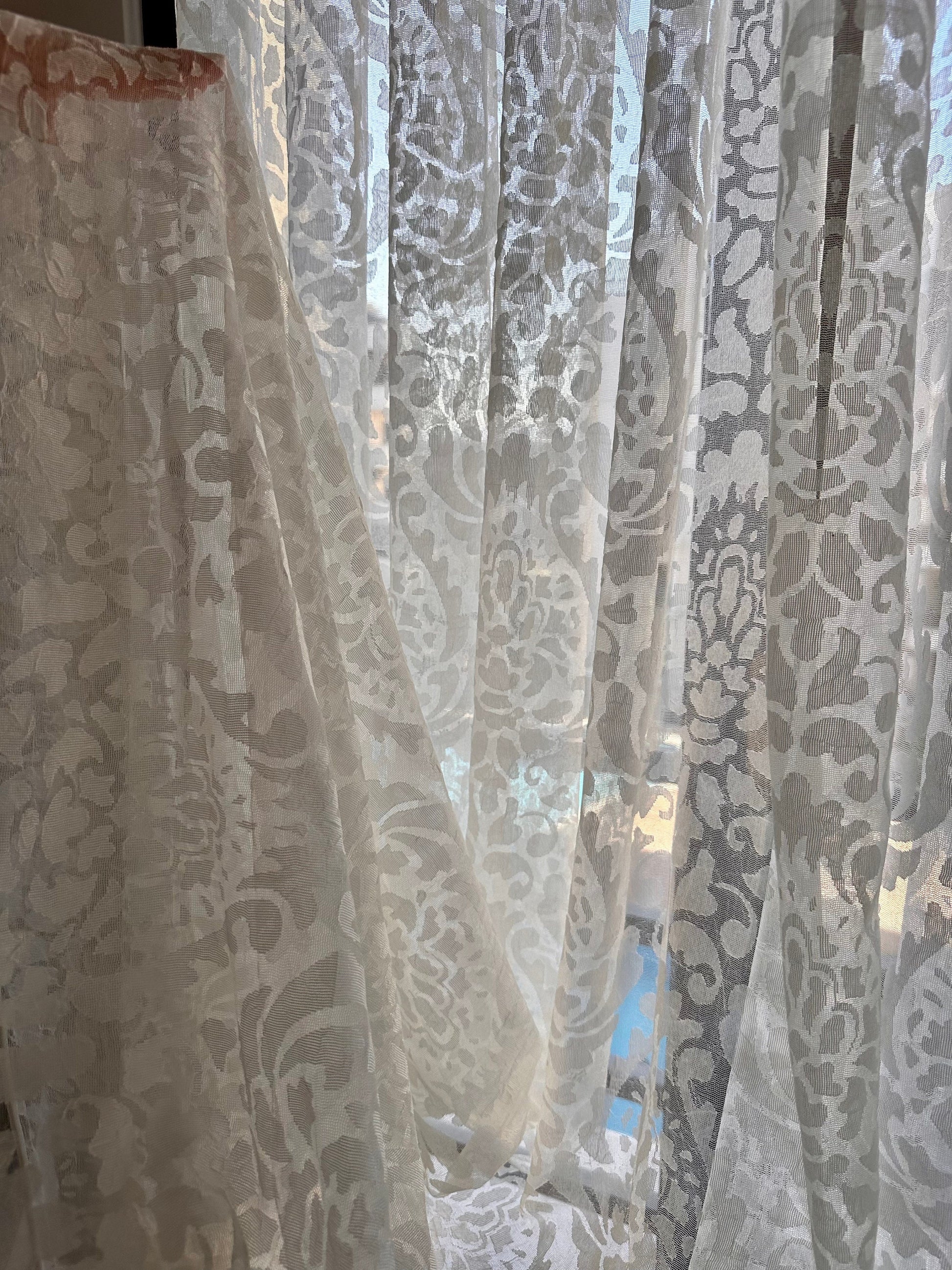 Triple French Pleated Off-White Custom Paisley Floral Sheer Curtain.